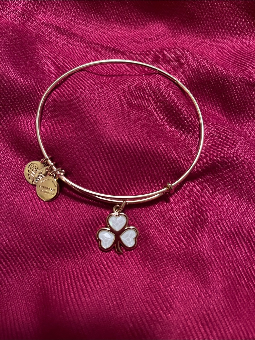 Alex and Ani Gold-Tone Clover Charm Bangle with White Inlay